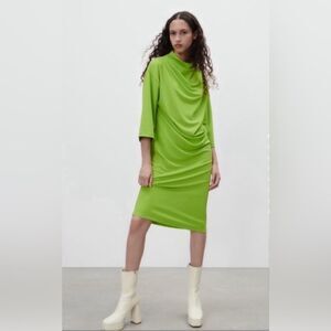 Zara flattering lime green shoulder drape ruched midi dress size small NWOT